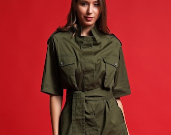 Khaki safari dress women, Utility dress, Cargo pocket Military dress, Cotton Shirt Dress, High neck army dress, Avant garde dress MERCES