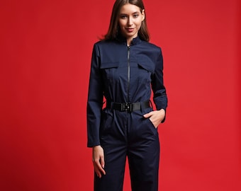 Military women coveralls, Blue cotton jumpsuits for women, Turtleneck one piece romper women, Longsleeve jumsuit women MERCES ukraine shops