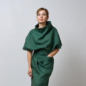 Avant garde dress, Linen kimono dress, Green linen dresses for women, Linen clothing, Funnel neck cowl dress, Avant garde clothing