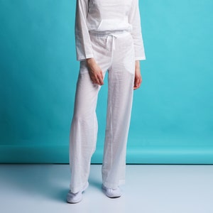 Flowy beach pants women, White Cotton wide leg summer pants, High waist palazzo pants, Elastic waist Relaxed fit pants, Sheer pants MERCES