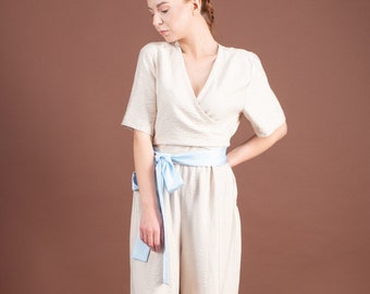 Jumpsuit wide leg with sleeves, Flowy jumpsuit, Beige wrap one piece romper, Summer Jumpsuits for weddings, Playsuits & Overalls MERCES