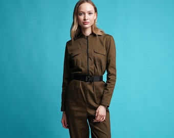 Khaki Green Utility Jumpsuit, Long Sleeve Cotton Coveralls