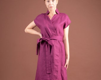 Purple linen wrap dress, Summer high neck midi kimono dress, Linen dress with pockets, Linen dresses for women, Stand collar dress MERCES