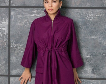 High neck zip dress women, Midi front zipper cotton dress women, Purple kimono belted raglan sleeve flap pocket dresses for women MERCES