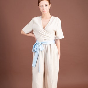 Jumpsuit wide leg with sleeves, Flowy jumpsuit, Beige wrap one piece romper, Summer Jumpsuits for weddings, Playsuits & Overalls