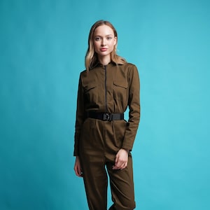 Denim boiler suit womens, Army green utility jumpsuit long sleeve, Zip Techwear womens jumpsuit, Sci fi coveralls, Cyberpunk clothing MERCES image 1