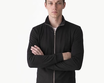 Schwarze Herren-Strickjacke aus 100 % reiner Wolle, durchgehender Reißverschluss, Stehkragen, moderner minimalistischer Strickcardigan von MERCES