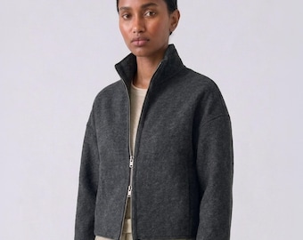 Grey Wool Cardigan Women, Two-Way Metal Zip High Neck Short Jacket, Minimalist Unlined 350 gsm Knit Coat MERCES