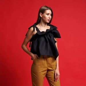 Black linen off the shoulder tops, Tops for women, Extravagant black tops, Flattering flax blouse, Designer ruched top, Unique linen MERCES