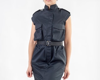 Womens Techwear Mini Dress, Military Style, High Neck, Utility Pockets
