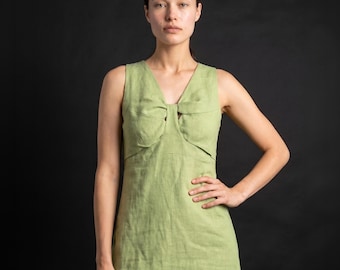 Salad Green Linen Dress, Womens Pure Linen Dress, Sleeveless Summer Dress, V Neck Mini Dress, Minimalist Clothing MERCES