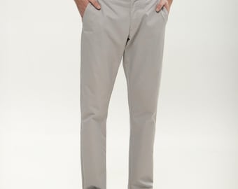 Men's Gray Cotton Chino Pants, Straight Fit MERCES Trousers