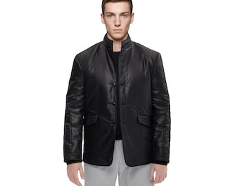 Men's Black Insulated Jacket, Stand Collar Padded Blazer, Wool Blend Coat, Smart Casual Jacket, Minimalist Outerwear, Travel Jacket