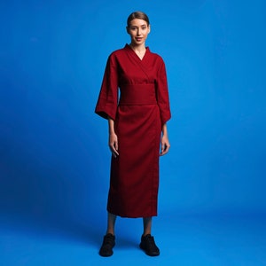 Linen long kimono robe, High neck handmade bathrobe, Red linen robe, Natural spa robe, Womans robe, Wrap linen dress Linen clothing MERCES image 3