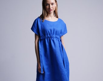 Blue linen shift midi dress women, Short sleeve drawstring waist kimono dress, Simple loose linen dress, Summer linen sundress womens MERCES