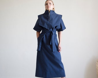 Maxi denim dress women Avant garde dresses for women High neck dress with pockets, denim kimono dress modern Denim dresses for women MERCES