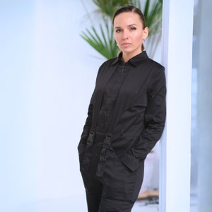 Black jumpsuit women, Boiler suit, Utility jumpsuites, Cyberpunk military coverall, Cotton overall for women, Sci-fi flight suit MERCES
