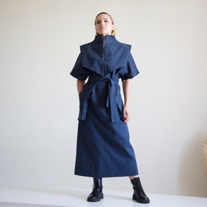 Maxi denim dress women Avant garde dresses for women High neck dress with pockets, denim kimono dress modern Denim dresses for women MERCES