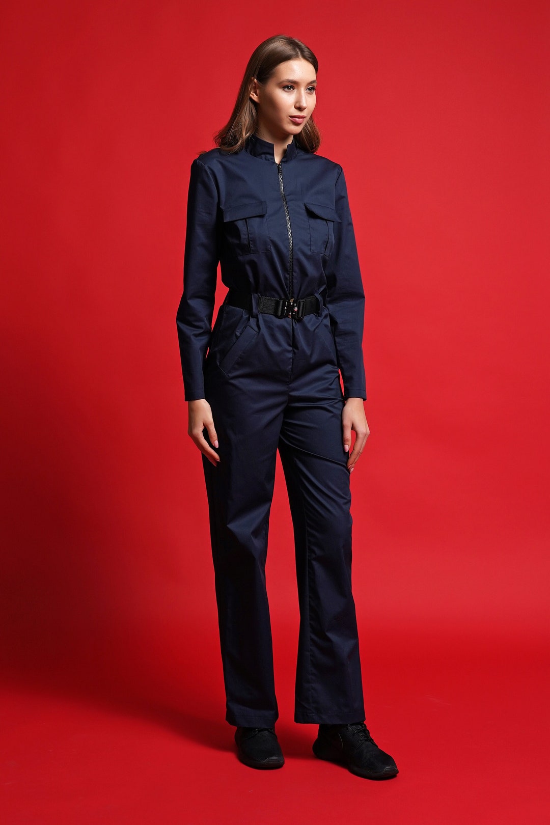 Navy Blue Flight Suit Jumpsuit, Long Sleeve Utility Coverall