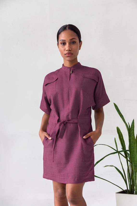 burgundy utility dress Plum Linen Safari Dress, Belted Mini Dress, Short Kimono Sleeve Dress, Minimalist Dress, Summer Shift Tunic Lapel collar