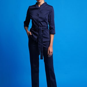 Cotton jacket and pants set, Work clothes spa, Casual pants suit women, High neck jacket and straight pants for women, Jumpsuit women