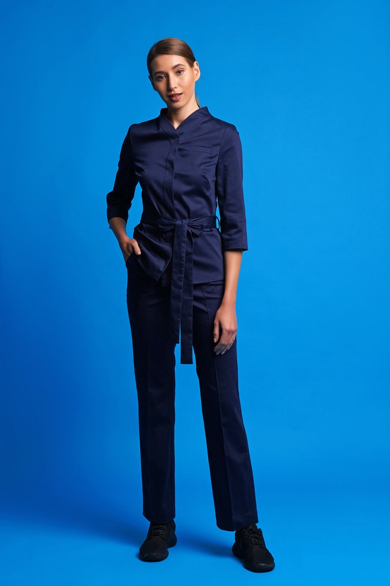 Cotton jacket and pants set, Work clothes spa, Casual pants suit women, High neck jacket and straight pants for women, Jumpsuit women