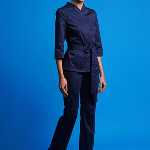 Cotton jacket and pants set, Work clothes spa, Casual pants suit women, High neck jacket and straight pants for women, Jumpsuit women
