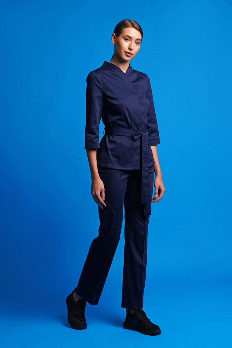 Cotton jacket and pants set, Work clothes spa, Casual pants suit women, High neck jacket and straight pants for women, Jumpsuit women
