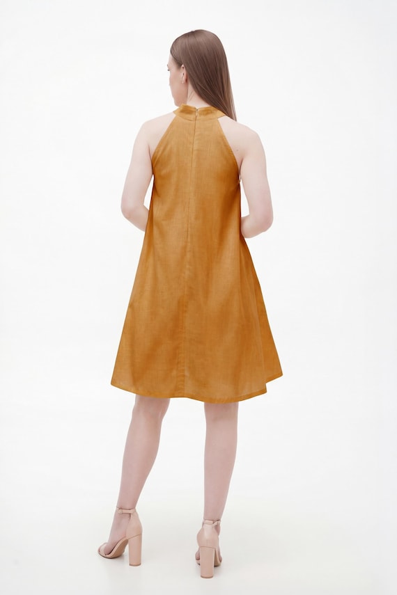 mustard halter neck dress Yellow Linen Dress, Mini Dress, Sleeveless A-Line Summer Dress, Lightweight Swing Dress, Trapeze Dress, Vacation Outfit waisttrainingindo