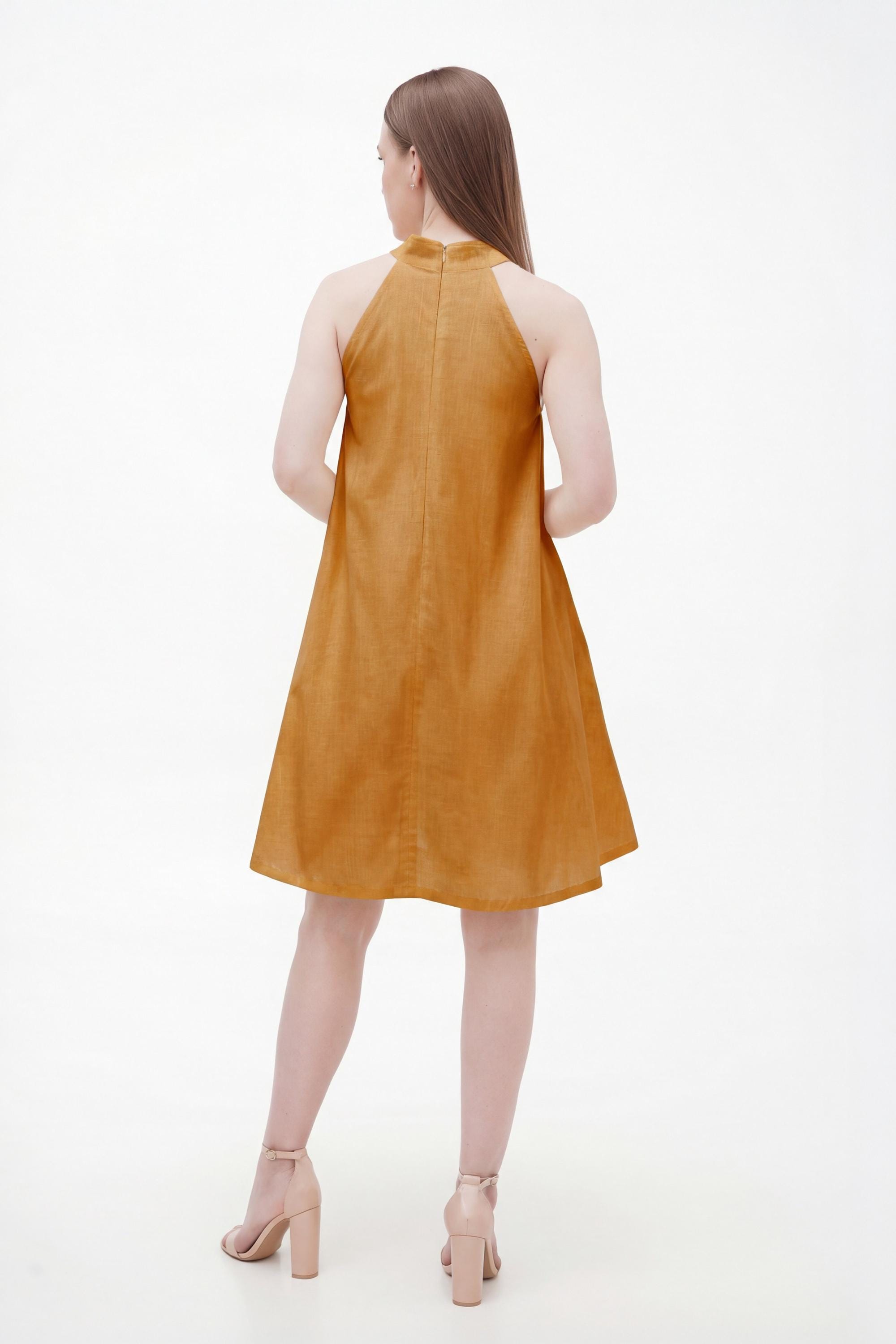 yellow linen halter dress Mustard Dress, Neck Mini Dress, Sleeveless A-Line Summer Dress, Lightweight Swing Dress, Trapeze Dress, Vacation Outfit EU-SEPT-CN2