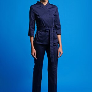 Cotton jacket and pants set, Work clothes spa, Casual pants suit women, High neck jacket and straight pants for women, Jumpsuit women