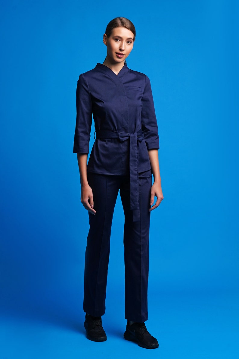 Cotton jacket and pants set, Work clothes spa, Casual pants suit women, High neck jacket and straight pants for women, Jumpsuit women