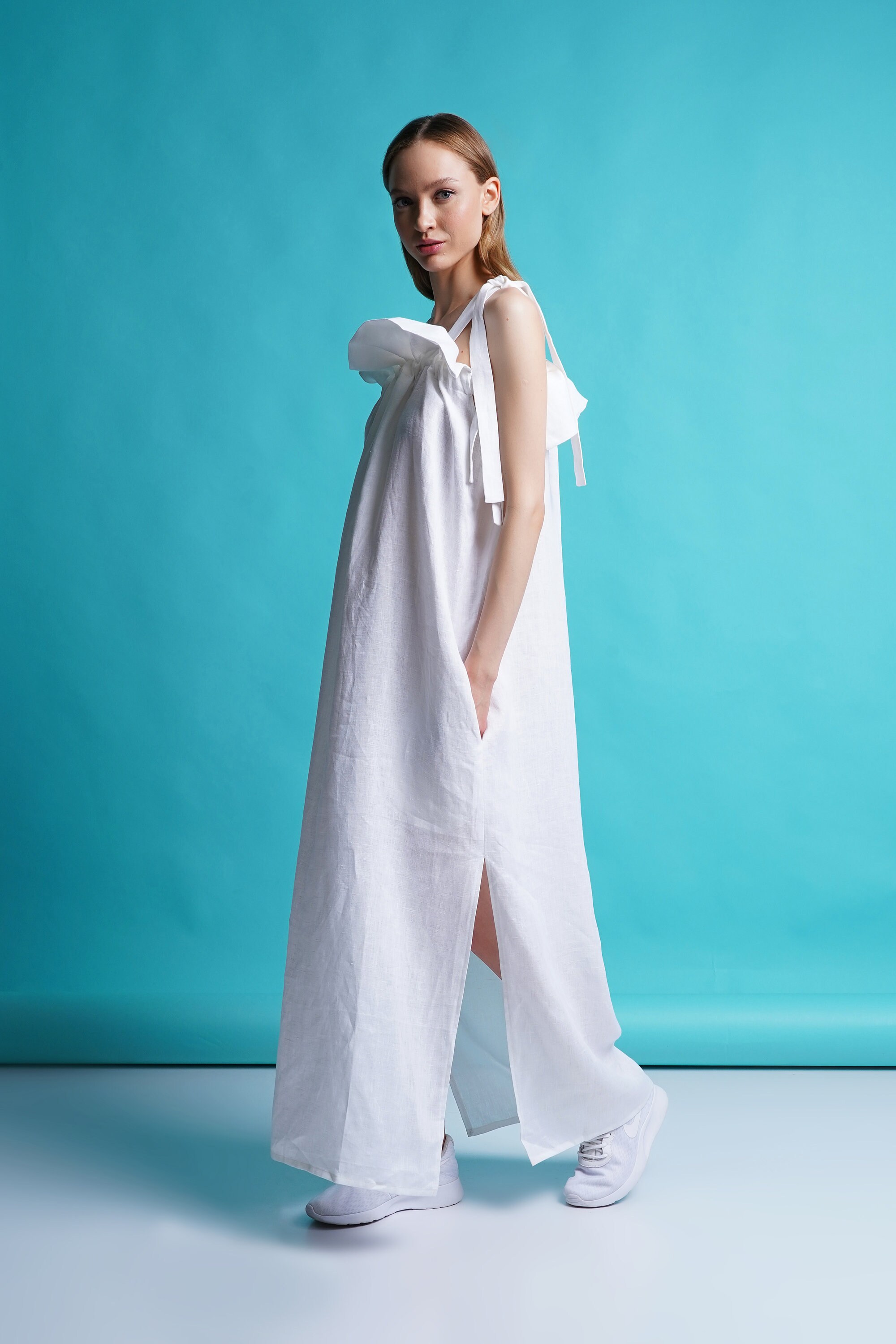 White Long Linen Dress Women Ruched Neckline Sleeveless Etsy