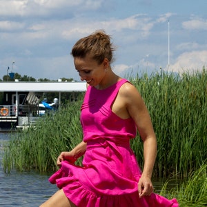 Hot pink linen dress, Linen dresses for women, Fuchsia Ruffled summer clothing, Belted sleeveless casual designer linen clothing