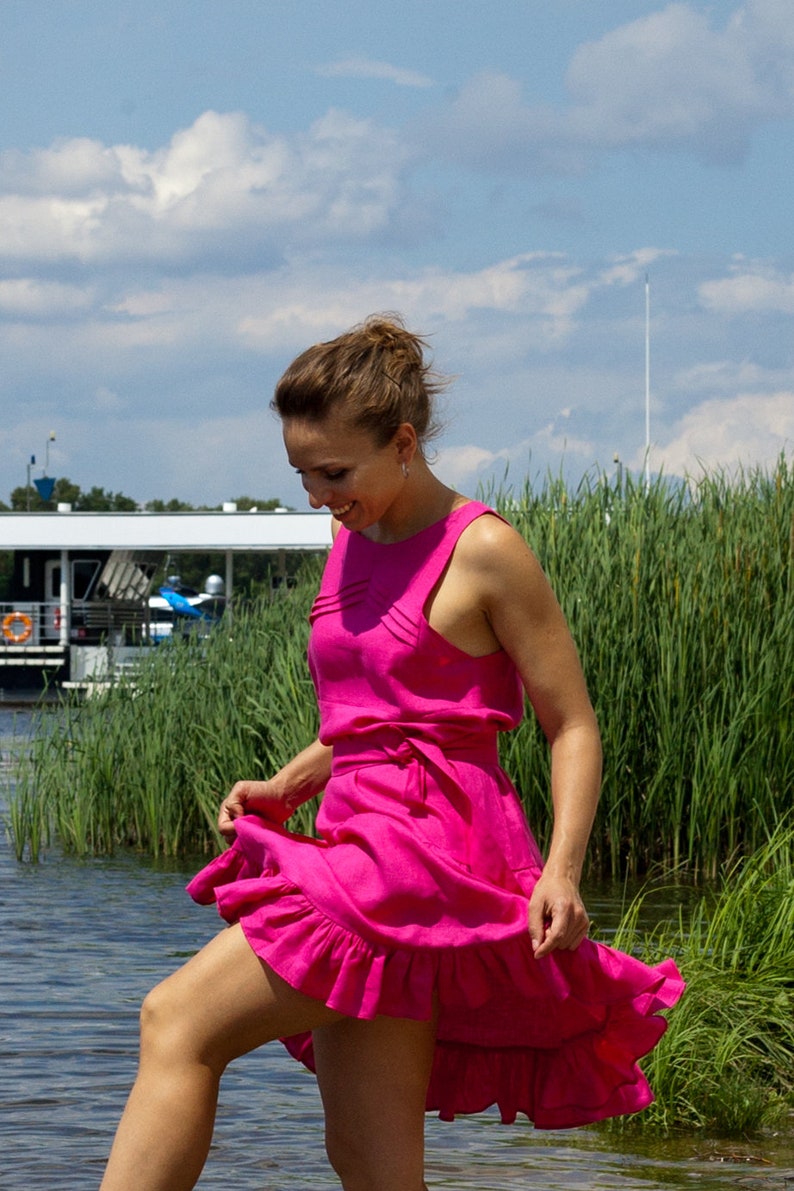 Hot pink linen dress, Linen dresses for women, Fuchsia Ruffled summer clothing, Belted sleeveless casual designer linen clothing