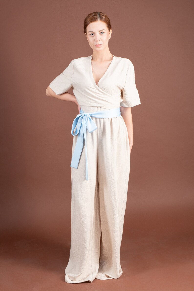 Jumpsuit wide leg with sleeves, Flowy jumpsuit, Beige wrap one piece romper, Summer Jumpsuits for weddings, Playsuits & Overalls