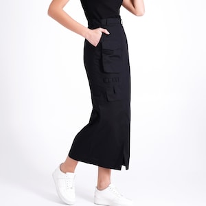 Black utility skirt long, High rise cargo skirt women, Cotton military skirt maxi, cyberpunk 2077 long skirt, Avant grade clothing MERCES