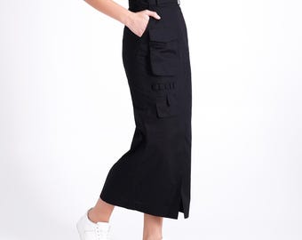 Black Cotton Maxi Skirt, High Rise Cargo, Avant Garde Utility
