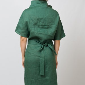 Avant garde dress, Linen kimono dress, Green linen dresses for women, Linen clothing, Funnel neck cowl dress, Avant garde clothing