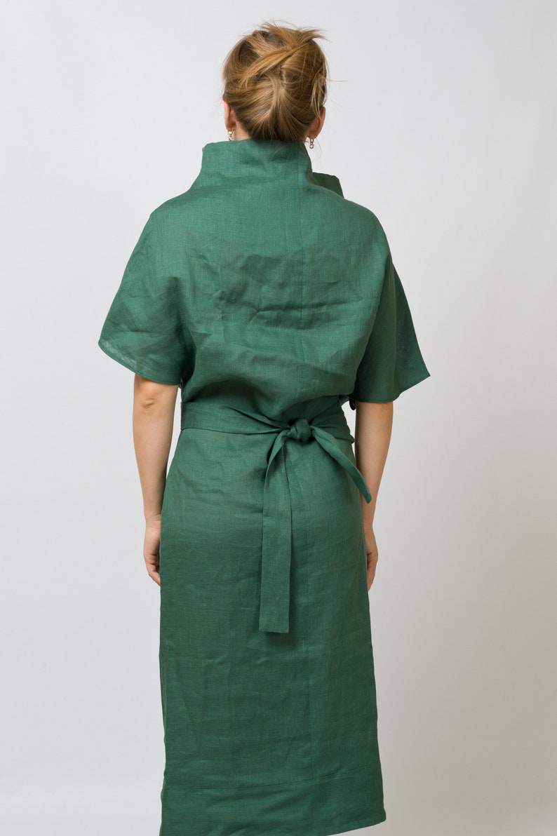 Avant garde dress, Linen kimono dress, Green linen dresses for women, Linen clothing, Funnel neck cowl dress, Avant garde clothing