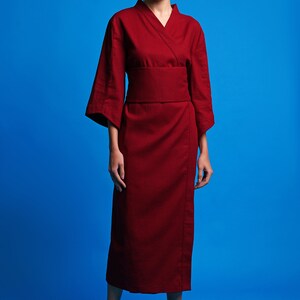 Linen long kimono robe, High neck handmade bathrobe, Red linen robe, Natural spa robe, Womans robe, Wrap linen dress Linen clothing MERCES image 6