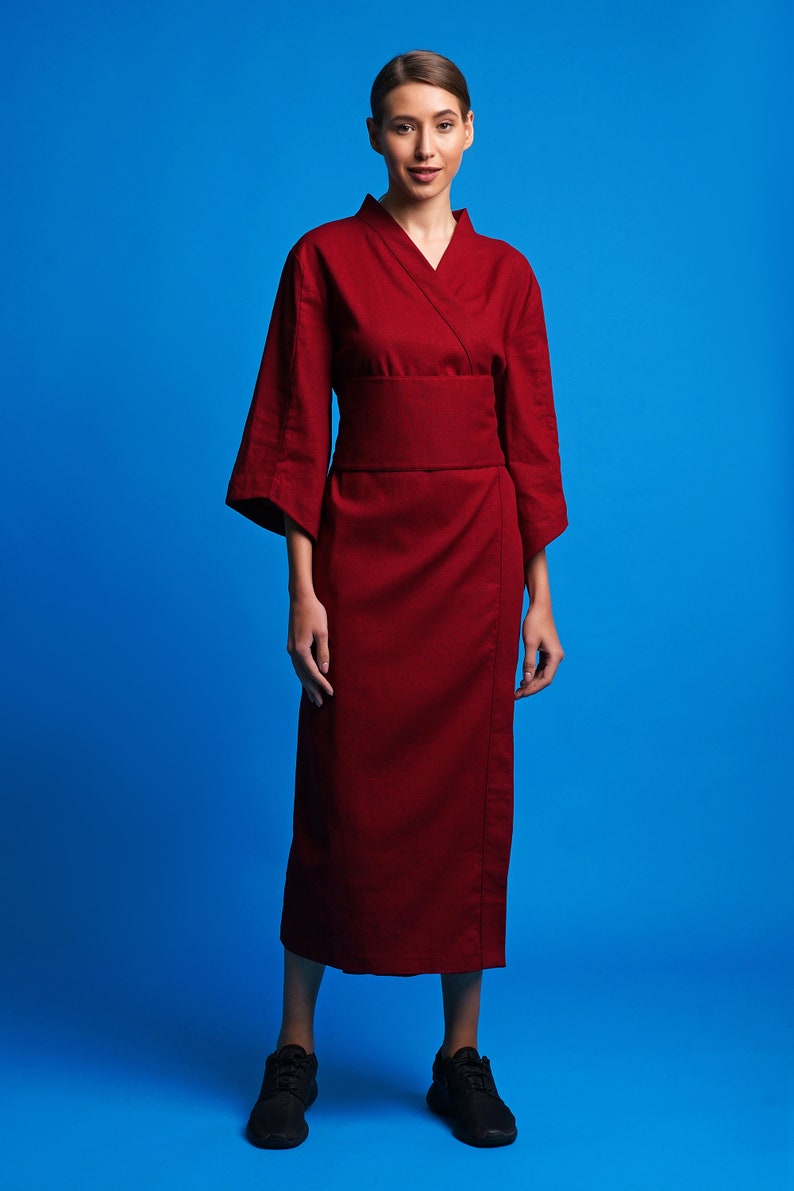Linen long kimono robe, High neck handmade bathrobe, Red linen robe, Natural spa robe, Womans robe, Wrap linen dress Linen clothing MERCES image 6