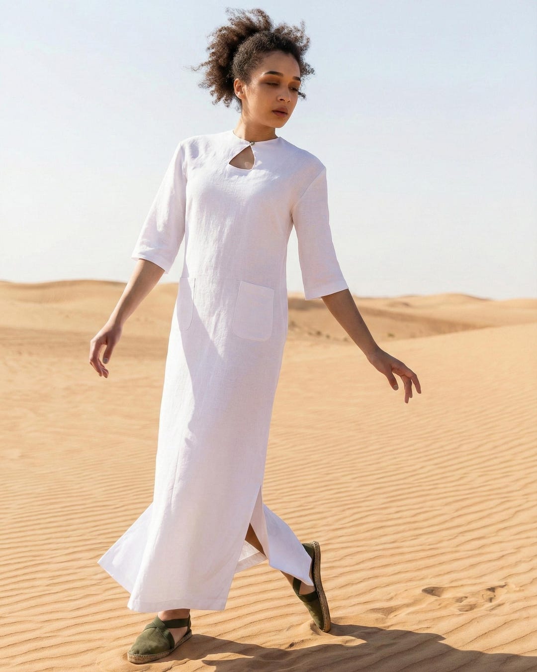 chinese dress ladies Women's 3/4 Sleeve Embroidered Maxi Dress in Off White