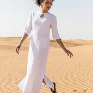White Linen Maxi Dress, Keyhole Neckline, 3/4 Sleeve, Shift Dress