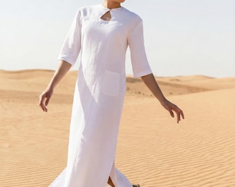 White Linen Maxi Dress, Keyhole Neckline, 3/4 Sleeve, Shift Dress