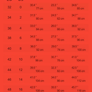 May include: Size guide chart with European (EU) and US sizing for women's clothing. The chart shows bust, waist, and hip measurements in inches and centimetres.