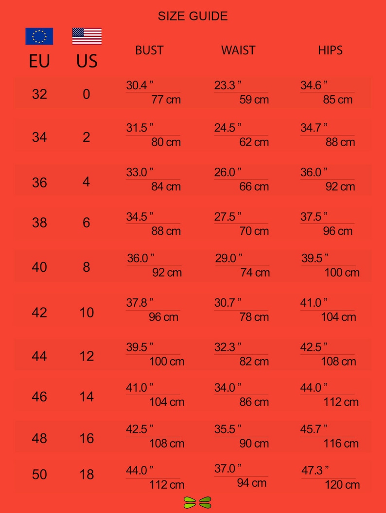 May include: Size guide chart with European (EU) and US sizing for women's clothing. The chart shows bust, waist, and hip measurements in inches and centimetres.