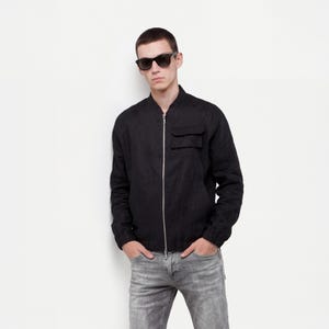 Mens linen bomber jacket, Black band collar bomber, Gift for him, Linen jacket, Linen coat men, Spring Summer Fall outerwear baseball jacket