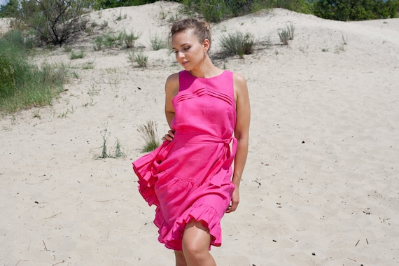 Hot Pink Linen Dress, Linen Dresses for Women, Fuchsia Ruffled Summer  Clothing, Belted Sleeveless Casual Designer Linen Clothing MERCES - Etsy UK