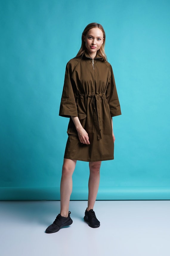 Khaki Utility Dress Mini, High Neck Front Zip Dress Women, Military Cotton  Dress, Avant Garde Clothing, Green Shirt Dress Funnel Neck MERCES - Etsy  Israel